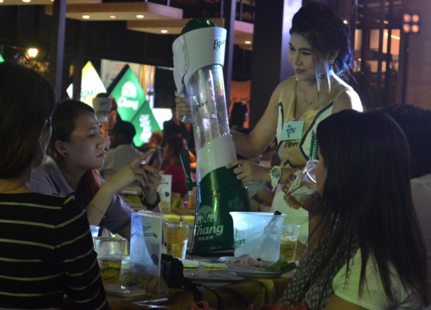 Girls Drinking Beer, Central World Christmas Tree. Beer Gardens. Bangkok