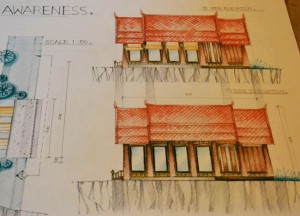 Side Elevation Contemporary Thai Temple Design. Bangkok, Southeast Asia