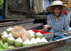 Coconuts Sold on RIver, Sweet Thai Desserts in Thailand, Southeast Asia