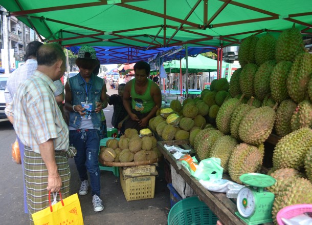 Chinese Durian Traders Near 19th Street Food in Yangon Chinatown