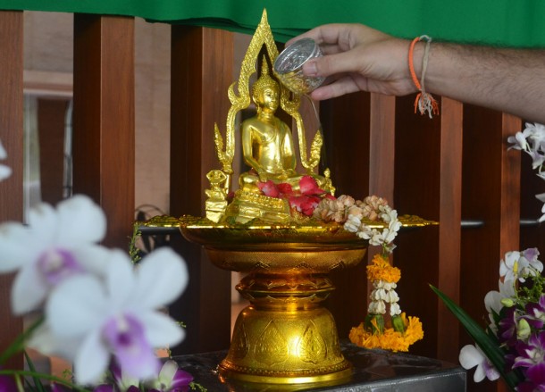 Pouring Water on Buddha Statue, Songkran Temple Ceremony, Song Nam Phra