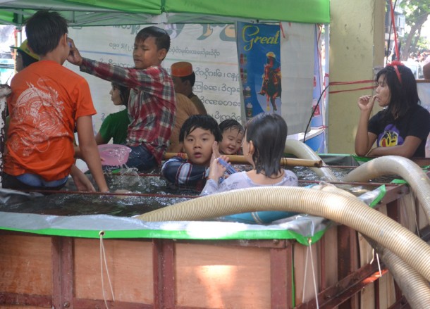 Kids in Makeshift Bathtub, Thingyan Water Festival in Yangon, Myanmar Songkran