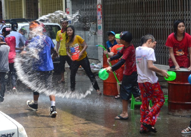 Kids on 19th Street, Chinatown, Thingyan Water Festival in Yangon, Myanmar Songkran