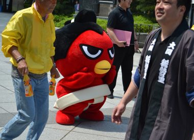 Angry Bird Mascot, Watching Sumo Wrestling in Tokyo Ryogoku Sumo Hall Stadium Japan