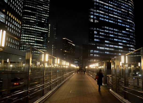 Shiodome at Night, JR Japan Rail Pass Travel in Winter February Snow