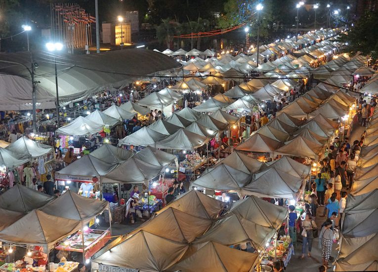 Stalls at Ramkamhaeng Night Market in Bangkok Thailand
