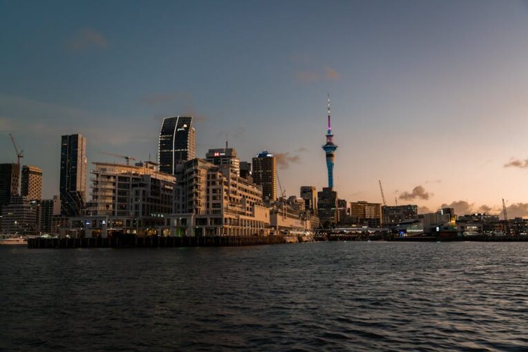 Captivating view of Auckland's skyline featuring the Sky Tower at dusk.